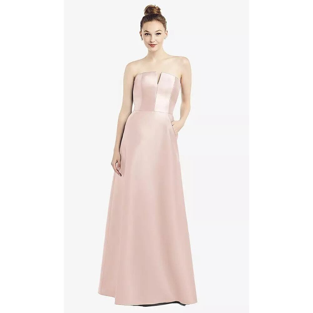 NWT Alfred Sung Strapless Notch Satin Gown Twill Maxi Dress Pockets 2 Blush Pink